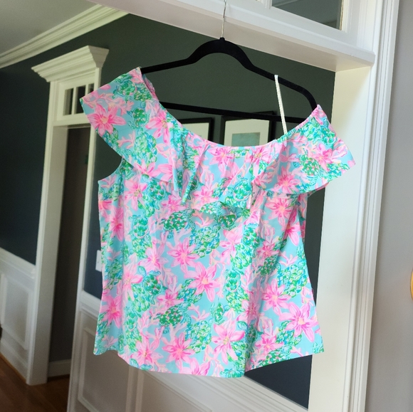 Lilly Pulitzer Zeldie One Shoulder Ruffle Top Surf Blue So Shellegant XL NWT - Picture 3 of 4